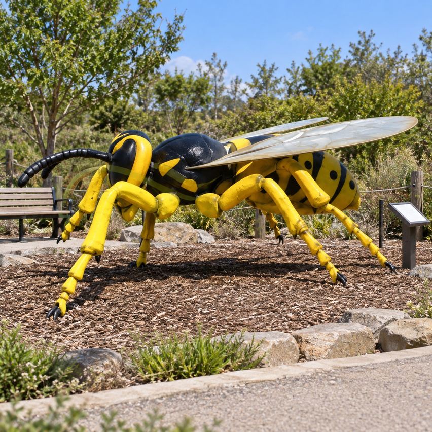 Gigantyczna figura osy w żółto-czarne pasy ze skrzydłami do parku owadów 390 cm