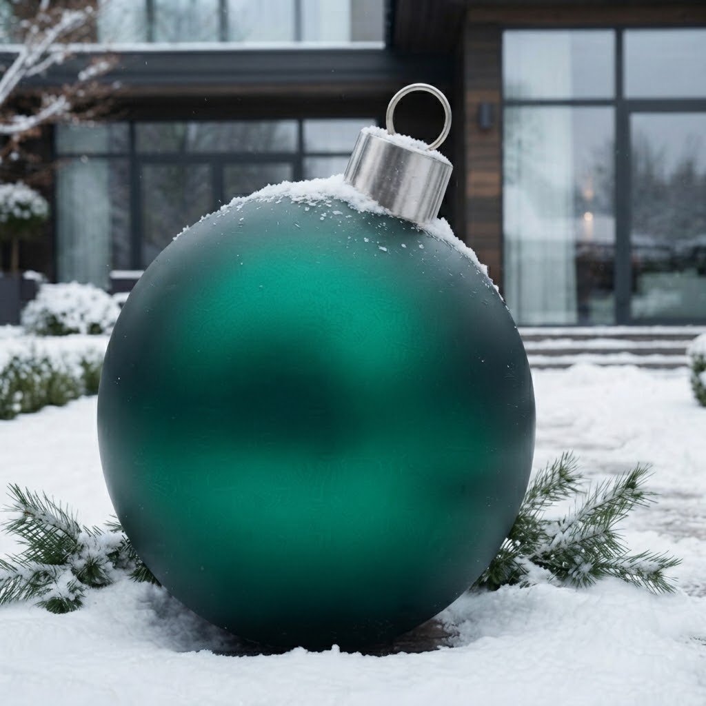 Zielona figura bombki ze srebrną nasadką do ogrodu i wejścia 80 cm