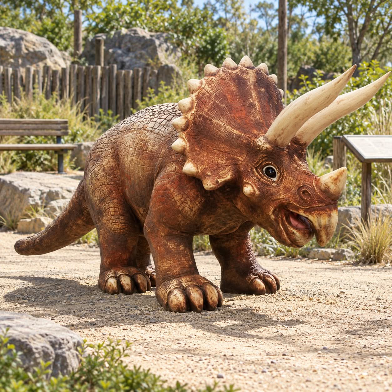 Kleiner Triceratops aus Glasfaser, dreihoernier Dinosaurier fuer Dinoparks und Spielplaetze 250 cm