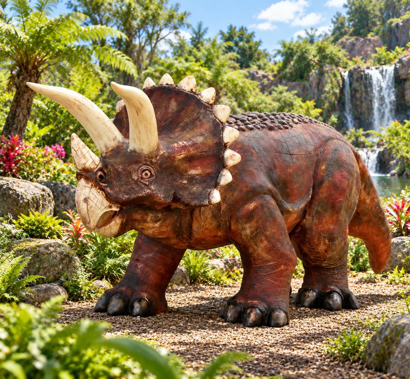 Triceratops rudobrązowy, figura dinozaura z trzema rogami do parku dinozaurów 465 cm