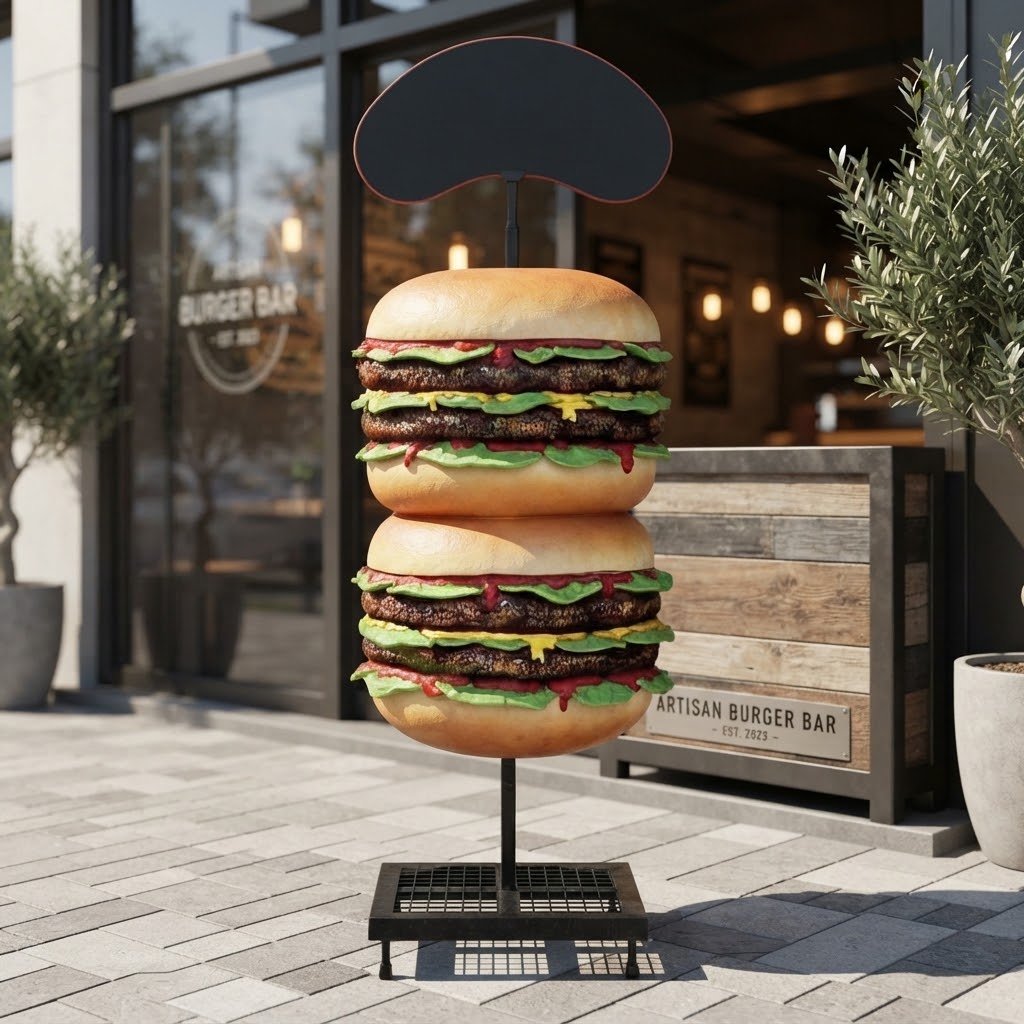 Wielkogabarytowa figura reklamowa podwójnego hamburgera z tablicą menu do burger baru 190 cm