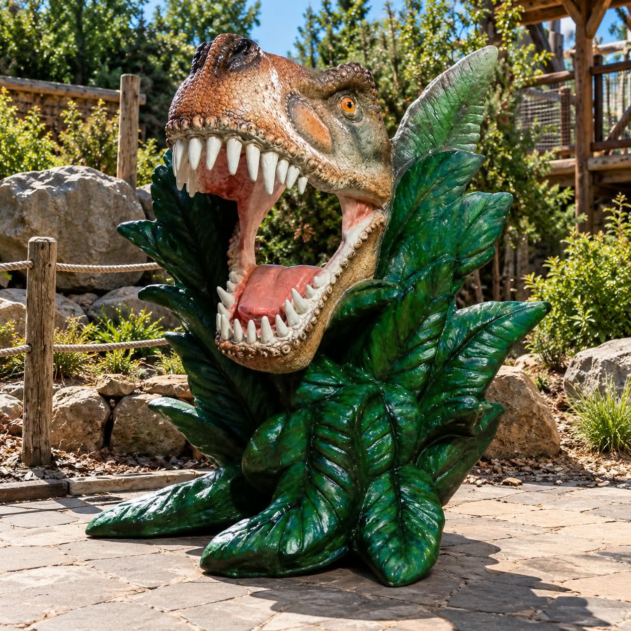 Foto głowa T-Rex wśród liści z laminatu, punkt fotograficzny do parku dinozaurów 155 cm