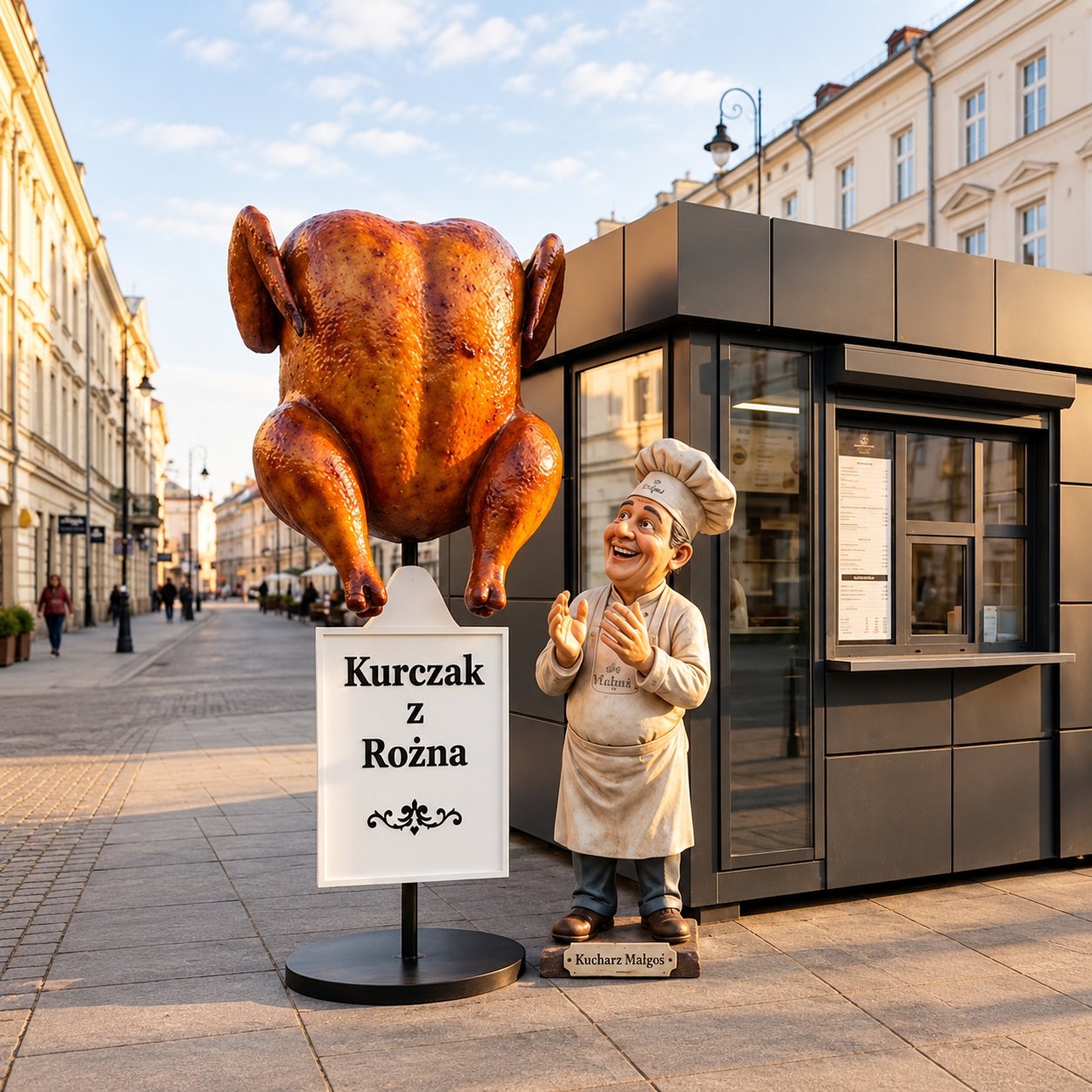 Komplet reklamowy: złocisty kurczak z rożna 200 cm na stojaku z białą tablicą i uśmiechnięty kucharz 140 cm przed kioskiem gastronomicznym na starówce