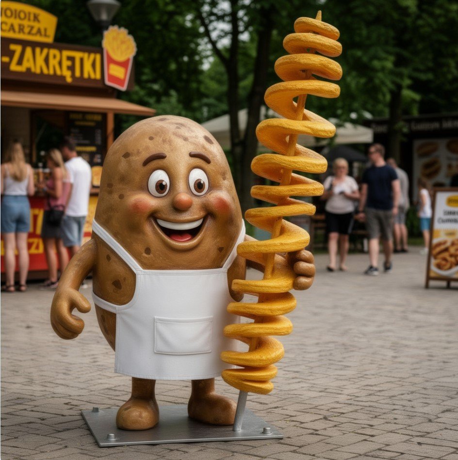 Uśmiechnięty ziemniak w białym fartuchu 150 cm trzymający złocistą spiralę zakręconych frytek, na metalowej płycie na deptaku obok punktu gastronomicznego